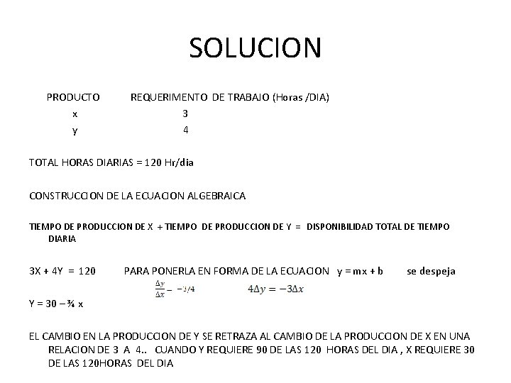 SOLUCION PRODUCTO x y REQUERIMENTO DE TRABAJO (Horas /DIA) 3 4 TOTAL HORAS DIARIAS