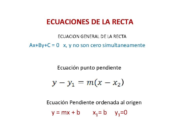 ECUACIONES DE LA RECTA ECUACION GENERAL DE LA RECTA Ax+By+C = 0 x, y
