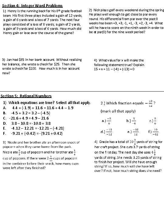 Section 4: Integer Word Problems 1) Henry is the running back for his 8