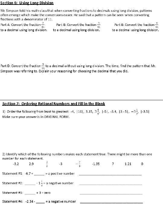 Section 6: Using Long Division Section 7: Ordering Rational Numbers and Fill in the