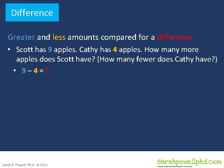 Difference Greater and less amounts compared for a difference • Scott has 9 apples.