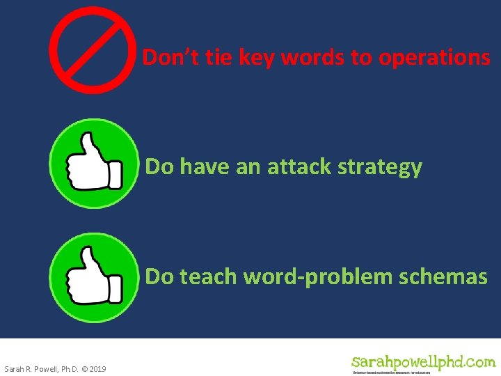 Don’t tie key words to operations Do have an attack strategy Do teach word-problem