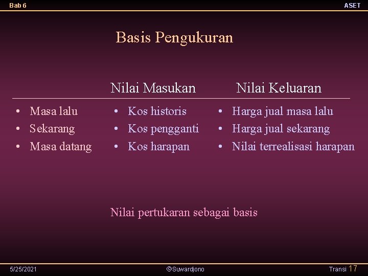 Bab 6 ASET Basis Pengukuran Nilai Masukan • Masa lalu • Sekarang • Masa