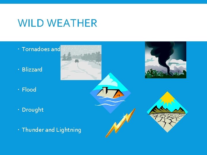 WILD WEATHER Tornadoes and Hurricanes Blizzard Flood Drought Thunder and Lightning 
