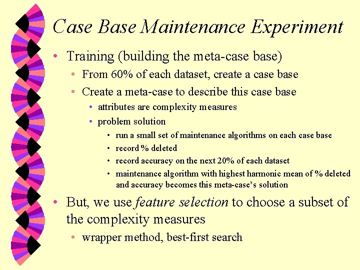 Case Base Maintenance Experiment • Training (building the meta-case base) • From 60% of