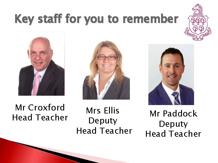Key staff for you to remember Mr Croxford Head Teacher Mrs Ellis Deputy Head