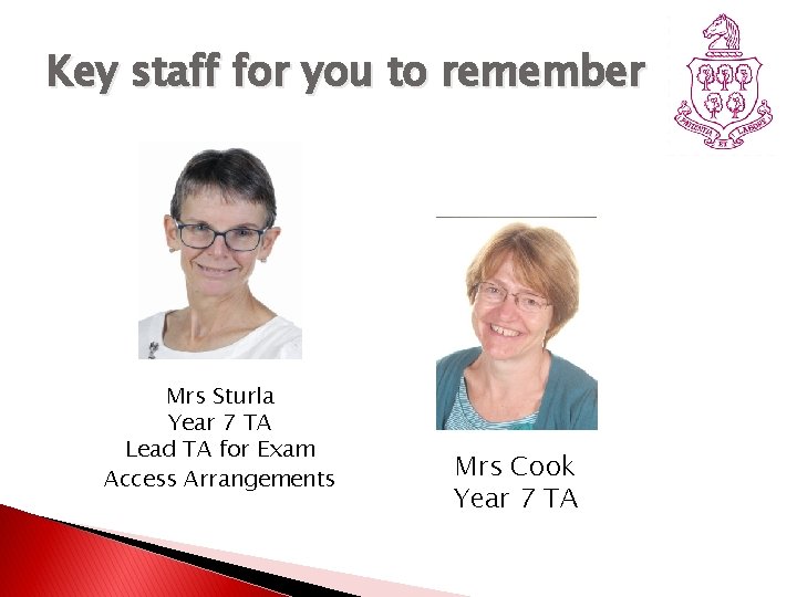 Key staff for you to remember Mrs Sturla Year 7 TA Lead TA for