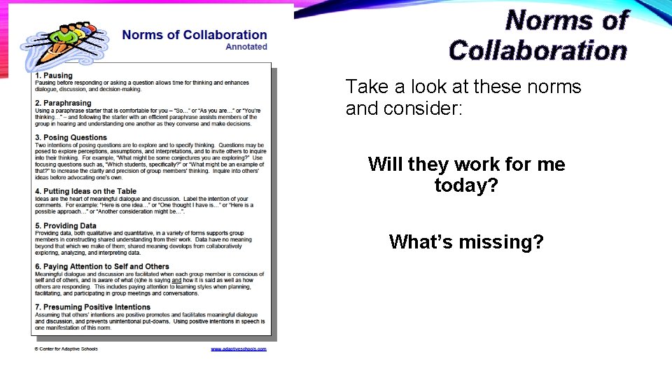 Norms of Collaboration Take a look at these norms and consider: Will they work