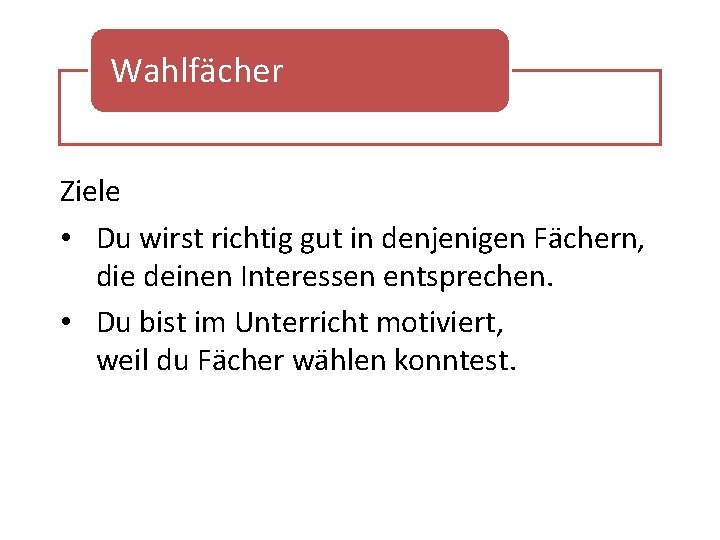 Wahlfächer Ziele • Du wirst richtig gut in denjenigen Fächern, die deinen Interessen entsprechen.