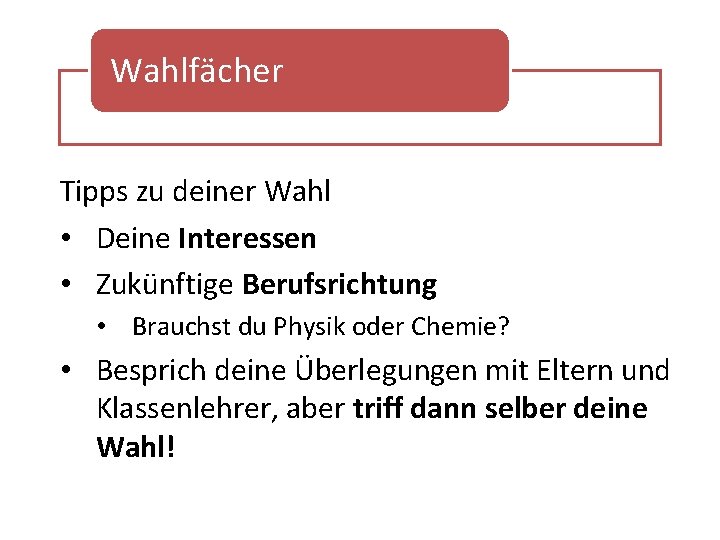 Wahlfächer Tipps zu deiner Wahl • Deine Interessen • Zukünftige Berufsrichtung • Brauchst du