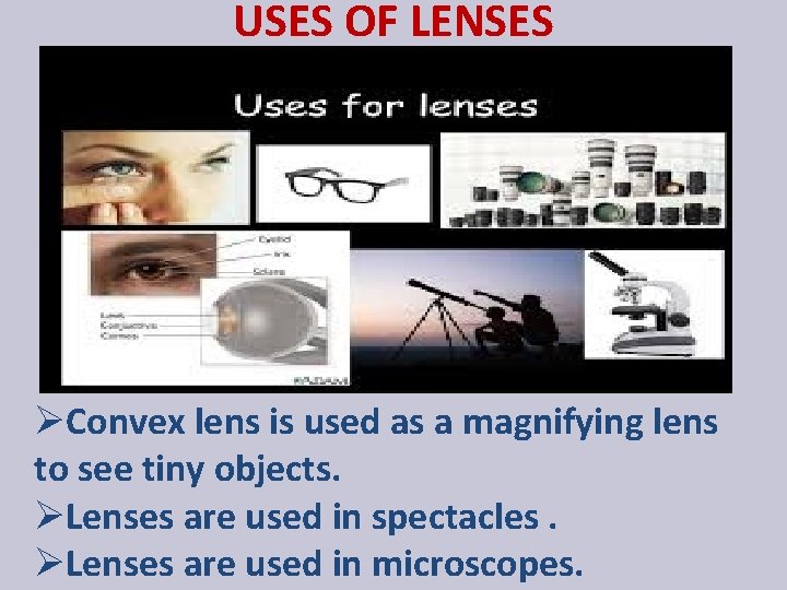 USES OF LENSES ØConvex lens is used as a magnifying lens to see tiny