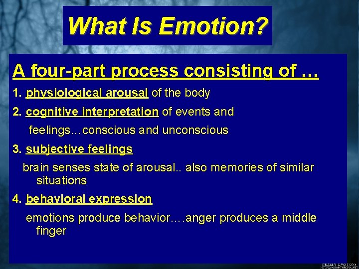 What Is Emotion? A four-part process consisting of … 1. physiological arousal of the