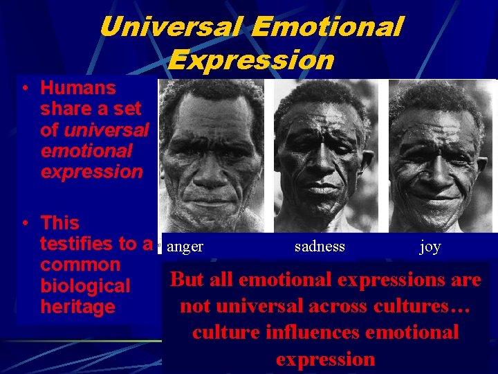 Universal Emotional Expression • Humans share a set of universal emotional expression • This