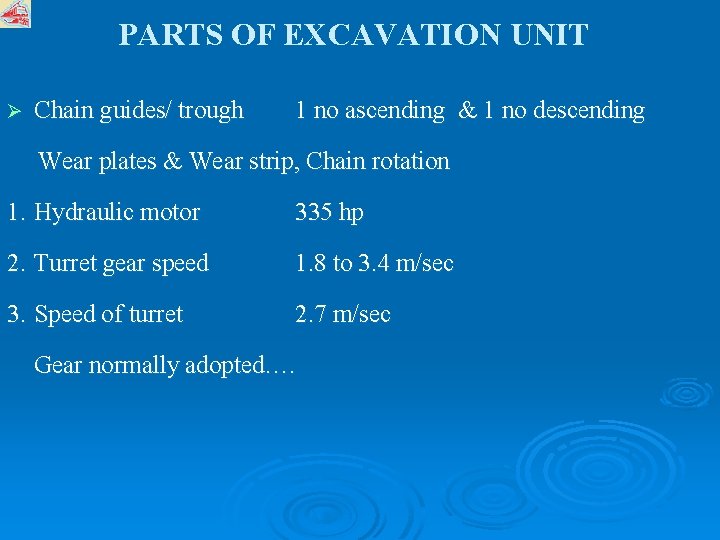 PARTS OF EXCAVATION UNIT Ø Chain guides/ trough 1 no ascending & 1 no
