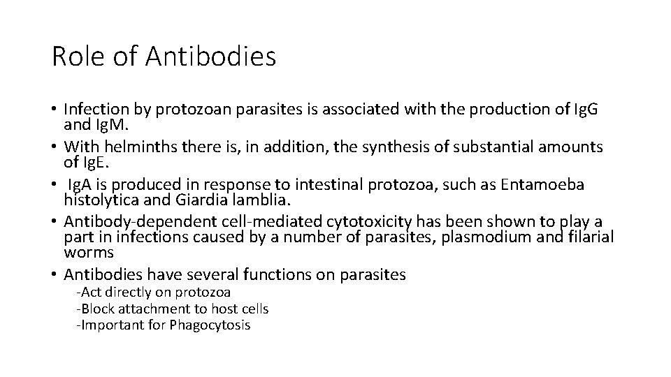 Role of Antibodies • Infection by protozoan parasites is associated with the production of