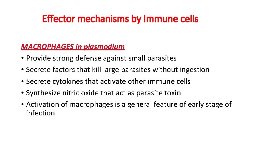 Effector mechanisms by Immune cells MACROPHAGES in plasmodium • Provide strong defense against small