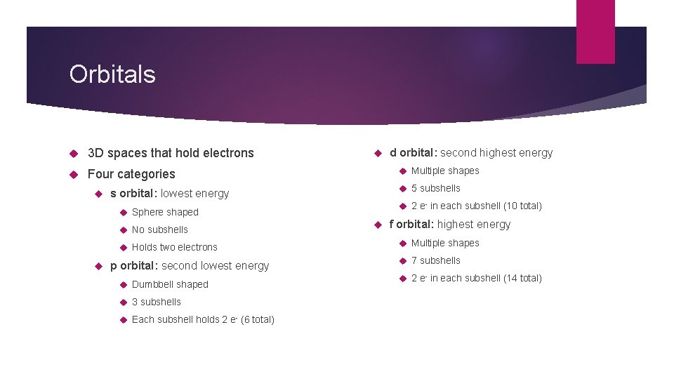 Orbitals 3 D spaces that hold electrons Four categories Multiple shapes 5 subshells s
