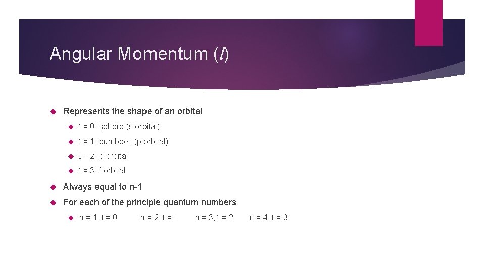 Angular Momentum (l) Represents the shape of an orbital l = 0: sphere (s