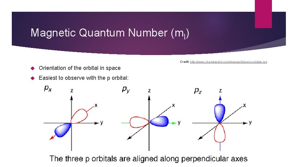 Magnetic Quantum Number (ml) Credit: http: //www. chemtube 3 d. com/images/Alevel-porbitals. jpg Orientation of