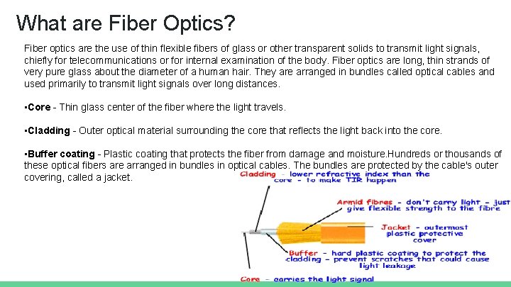 What are Fiber Optics? Fiber optics are the use of thin flexible fibers of