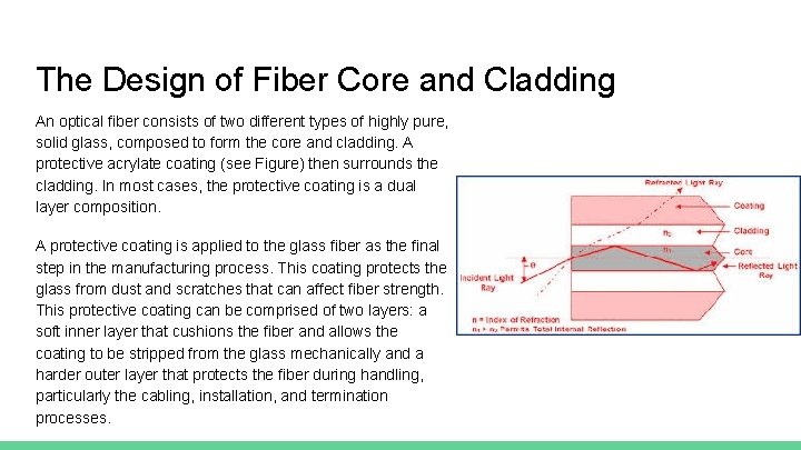 The Design of Fiber Core and Cladding An optical fiber consists of two different