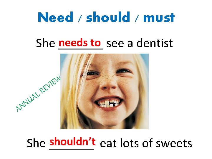 Need / should / must needs to see a dentist She _______ W E