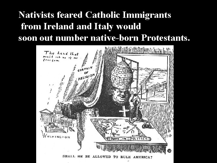 Nativists feared Catholic Immigrants from Ireland Italy would soon out number native-born Protestants. 