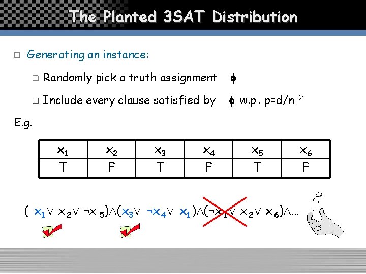 The Planted 3 SAT Distribution q Generating an instance: q Randomly pick a truth