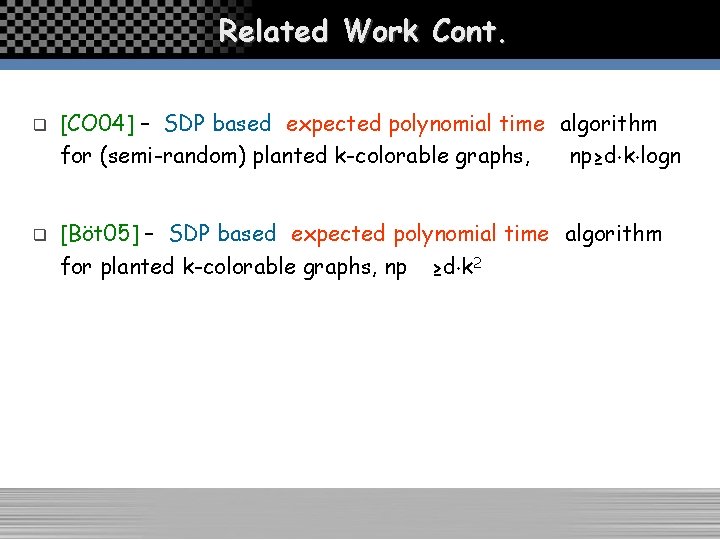 Related Work Cont. q q [CO 04] – SDP based expected polynomial time algorithm