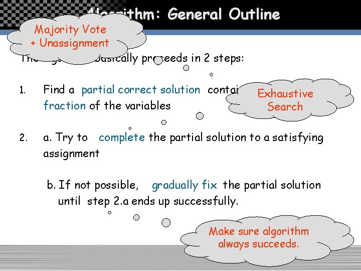 Algorithm: General Outline Majority Vote + Unassignment The algorithm basically proceeds in 2 steps: