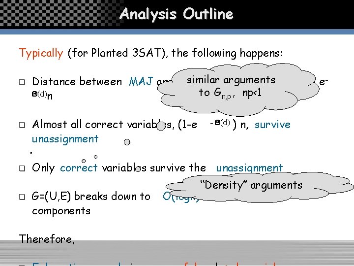 Analysis Outline Typically (for Planted 3 SAT), the following happens: q q similar arguments