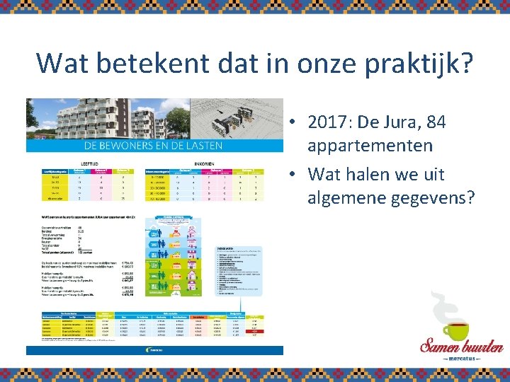 Wat betekent dat in onze praktijk? • 2017: De Jura, 84 appartementen • Wat