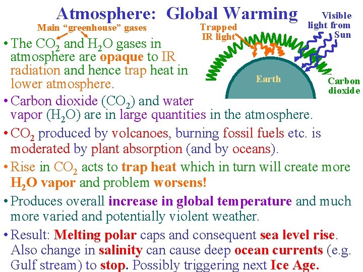 Atmosphere: Global Warming Main “greenhouse” gases Trapped IR light Visible light from Sun •