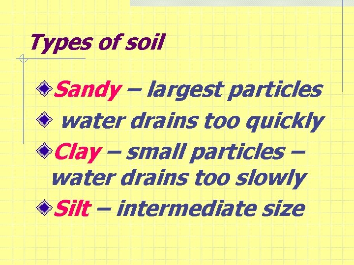 Types of soil Sandy – largest particles water drains too quickly Clay – small