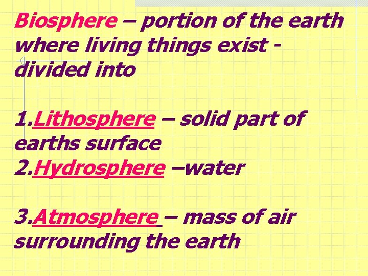 Biosphere – portion of the earth where living things exist divided into 1. Lithosphere