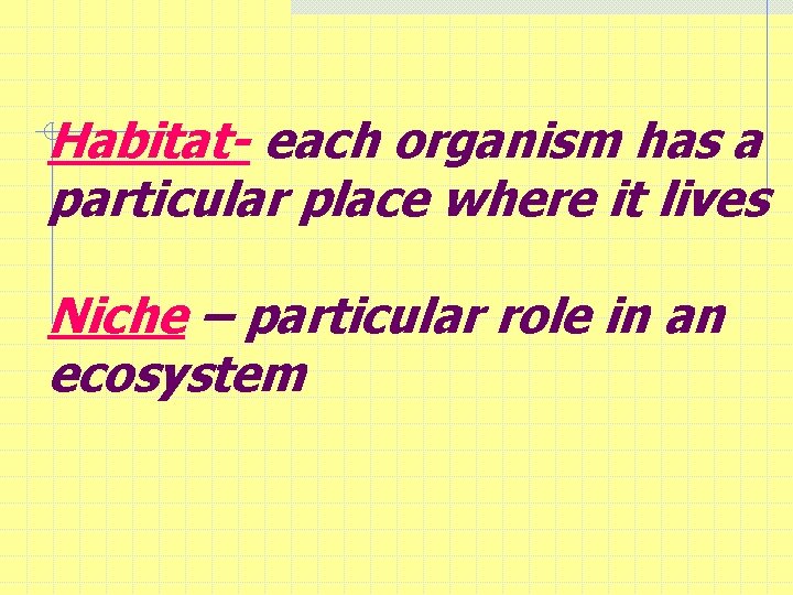 Habitat- each organism has a particular place where it lives Niche – particular role