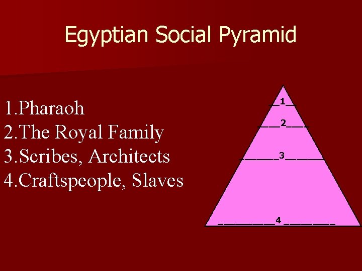 Egyptian Social Pyramid 1. Pharaoh 2. The Royal Family 3. Scribes, Architects 4. Craftspeople,