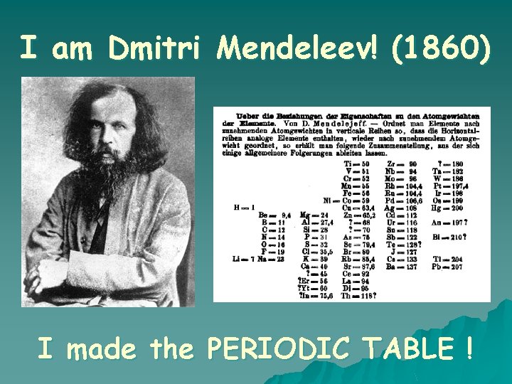 I am Dmitri Mendeleev! (1860) I made the PERIODIC TABLE ! 