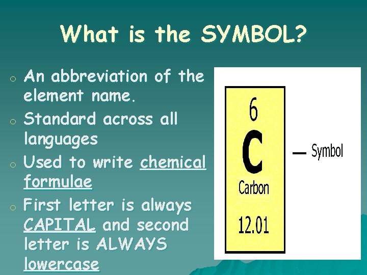 What is the SYMBOL? o o An abbreviation of the element name. Standard across