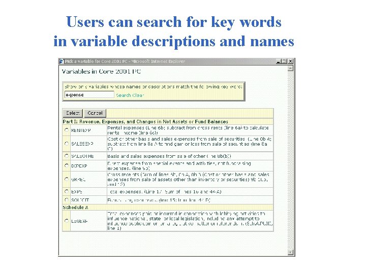 Users can search for key words in variable descriptions and names 