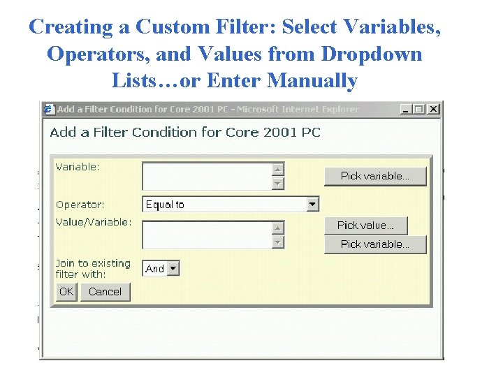 Creating a Custom Filter: Select Variables, Operators, and Values from Dropdown Lists…or Enter Manually