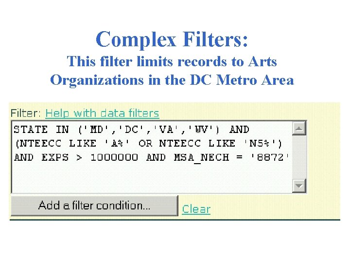 Complex Filters: This filter limits records to Arts Organizations in the DC Metro Area