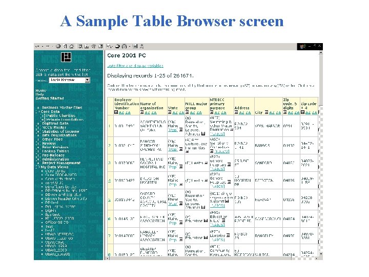 A Sample Table Browser screen 