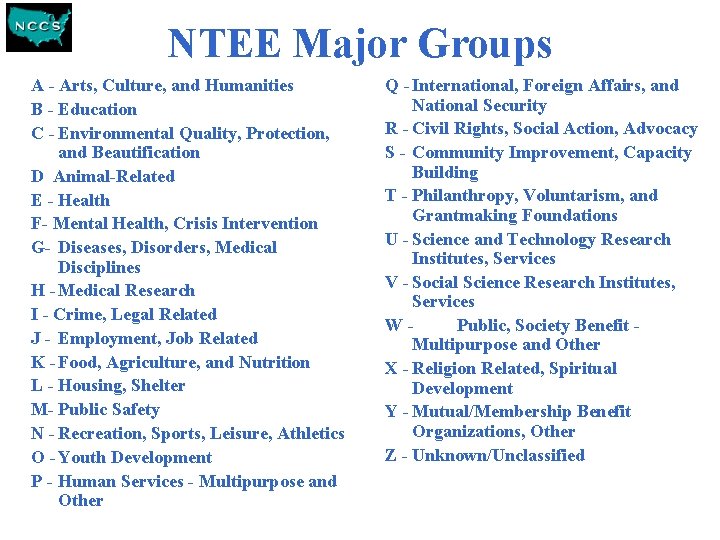 NTEE Major Groups A - Arts, Culture, and Humanities B - Education C -