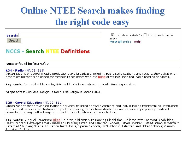 Online NTEE Search makes finding the right code easy 