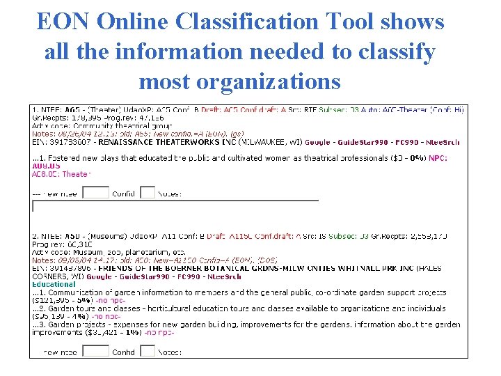 EON Online Classification Tool shows all the information needed to classify most organizations 