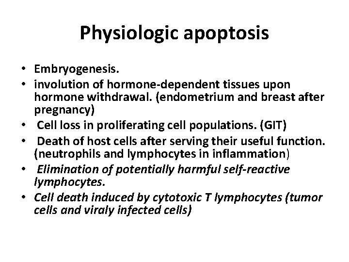 Physiologic apoptosis • Embryogenesis. • involution of hormone-dependent tissues upon hormone withdrawal. (endometrium and