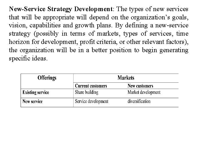 New-Service Strategy Development: The types of new services that will be appropriate will depend