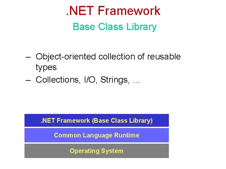 . NET Framework Base Class Library – Object-oriented collection of reusable types – Collections,