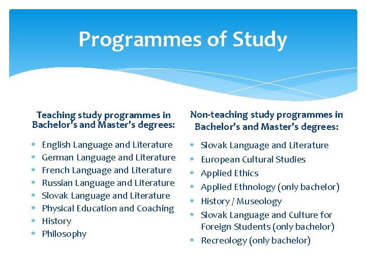 Programmes of Study Teaching study programmes in Bachelor's and Master's degrees: Non-teaching study programmes